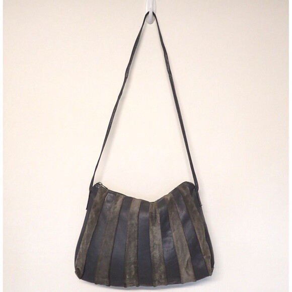 Retro Style Boho Leather & Suede Striped Shoulder Bag Gray Made in Uruguay - Picture 1 of 12